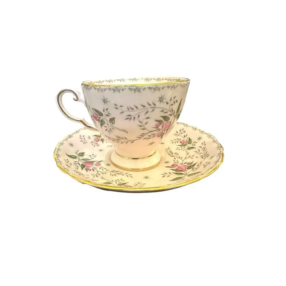 Tuscan Fine English Bone Pink Gold Floral Rose Spray China Tea Cup and Saucer